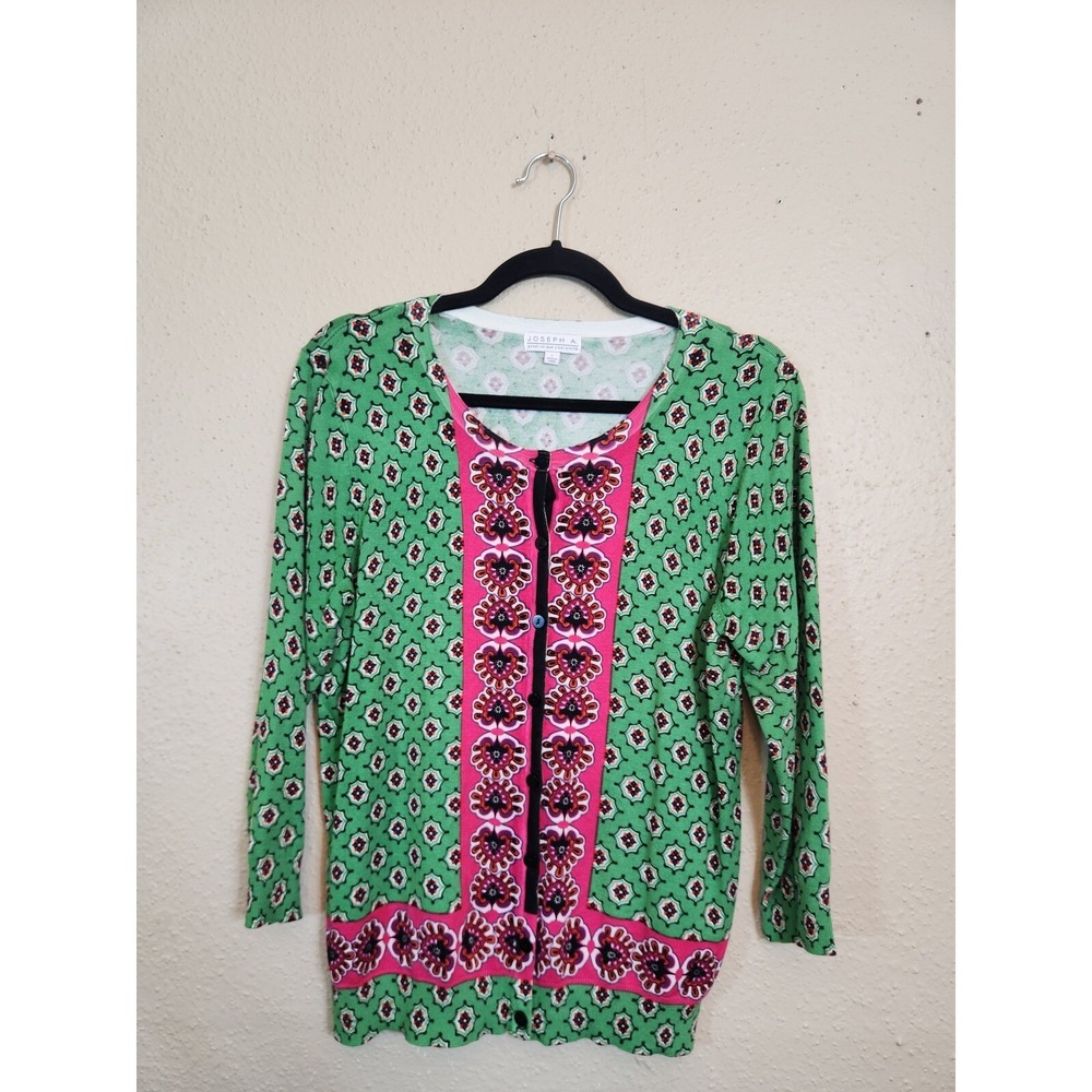 Joseph A Womens L Green Pink Floral Geometric Button Front Cardigan Sweater